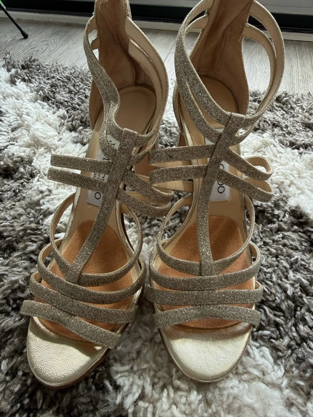 Jimmy Choo Gold Glitter Strappy Block Heel Sandals - Picture 6 of 9